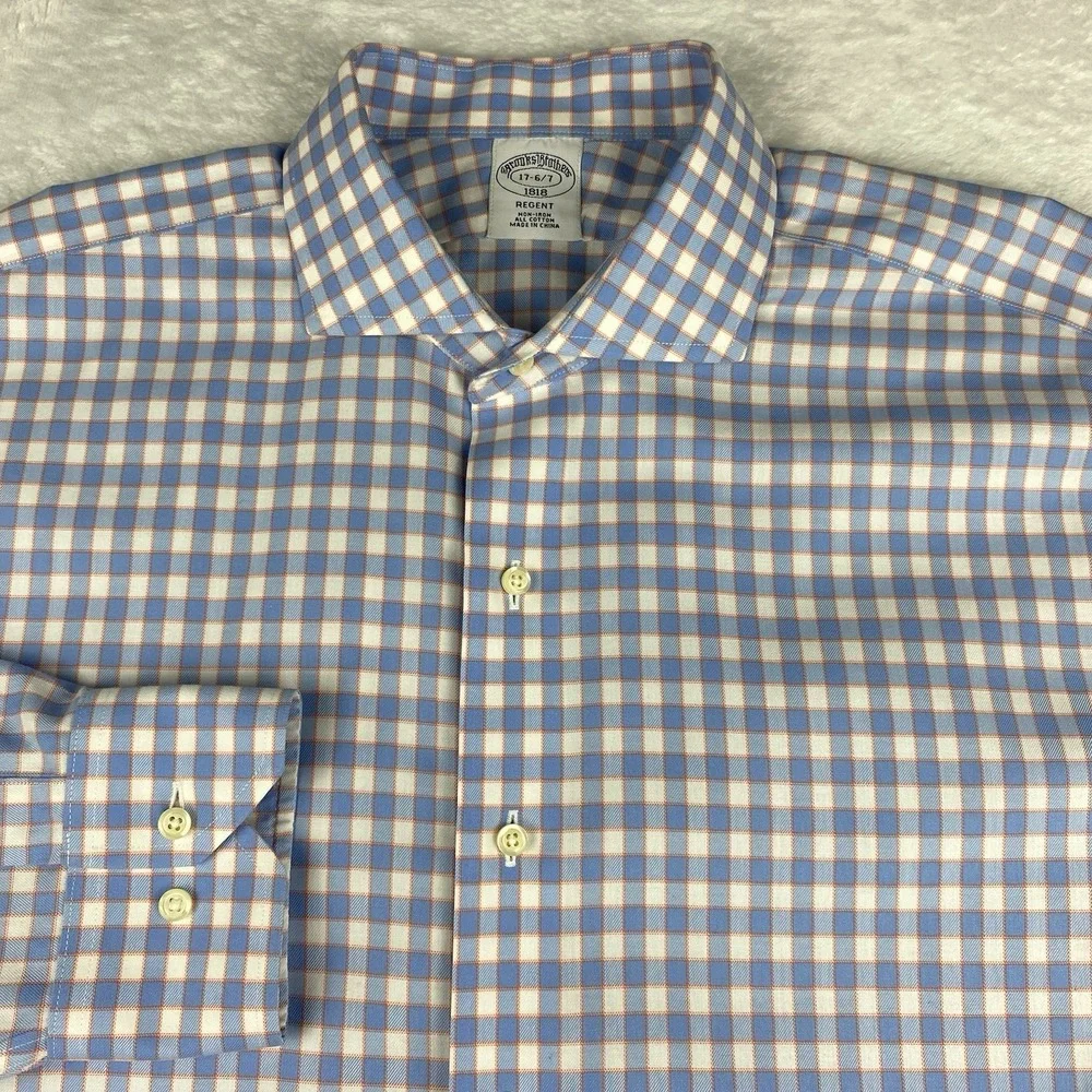 Brooks Brothers Dress Shirt Mens 17-6/7 Blue/White/Orange Checks Regent No Iron